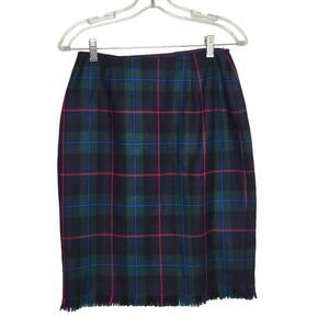 Vintage Tartan Plaid Wool Wrap Skirt Navy Fringed Dark Academia Women 10